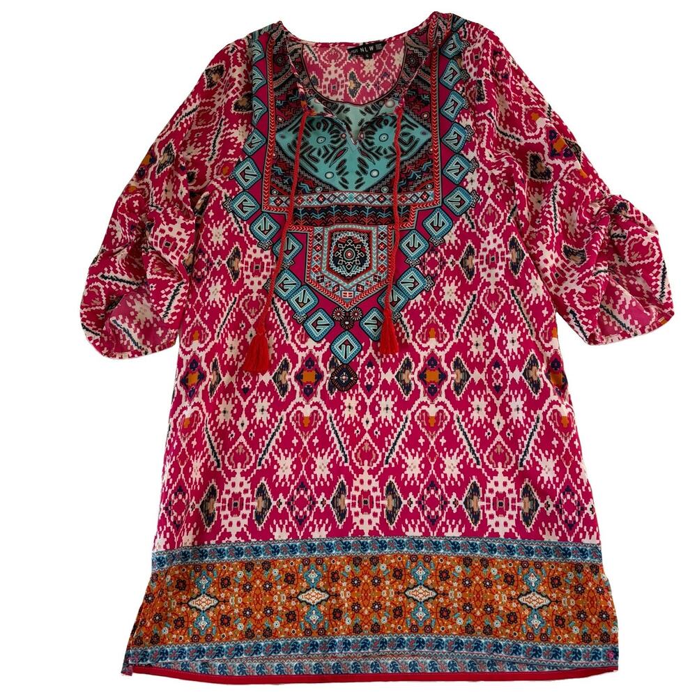 NLW Tunic Mini Dress Tribal Boho Shift Size Small Tasseled 3/4 Ruched Sleeves